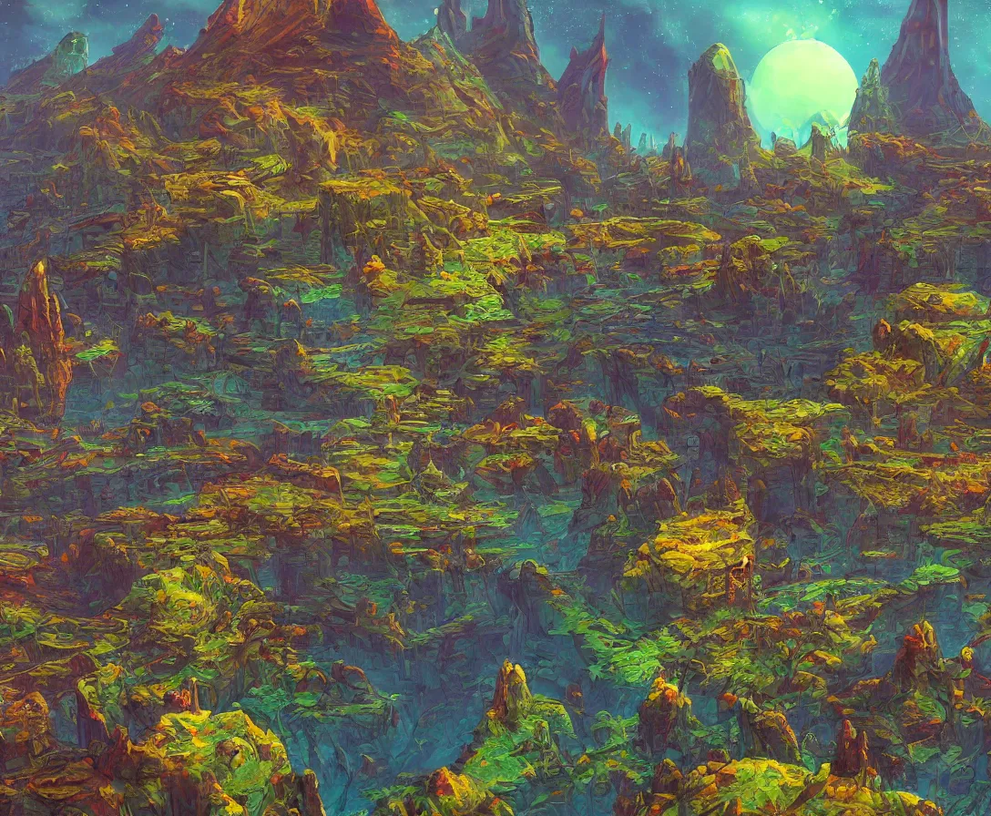 Prompt: a desolate alien world full of rich colors, unique architecture