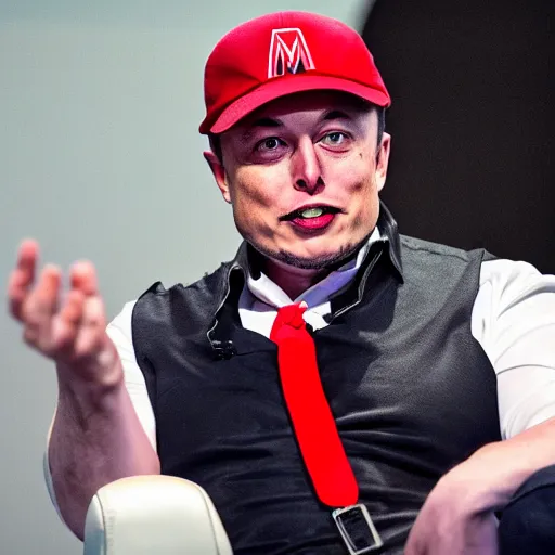 Image similar to Elon Musk dressed as Mario at a bussines meeting with Twitter board