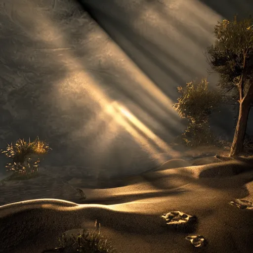 Image similar to the location of the buried treasure, god rays, dramatic lighting, highly textured, highly detailed, mysterious