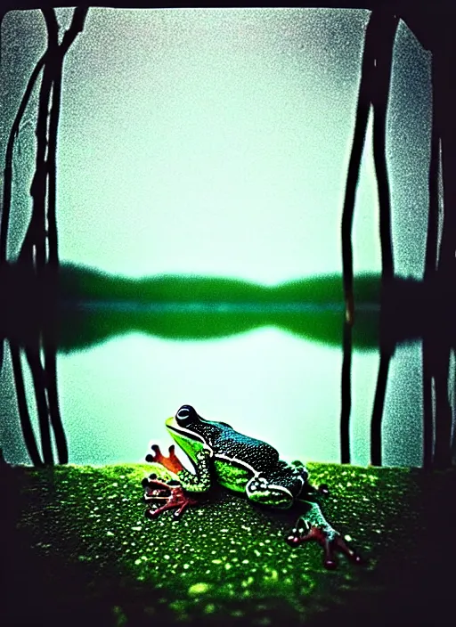 Image similar to “frog in jesus christ pose vertically hovering above calm lake waters, distant misty forest horizon, low angle shot, long cinematic shot by Andrei Tarkovsky, paranormal, eerie, mystical”