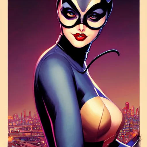 Prompt: phil noto, peter mohrbacher, thomas kinkade, artgerm, 1 9 5 0 s rockabilly catwoman dc comics, symmetrical eyes, city rooftop