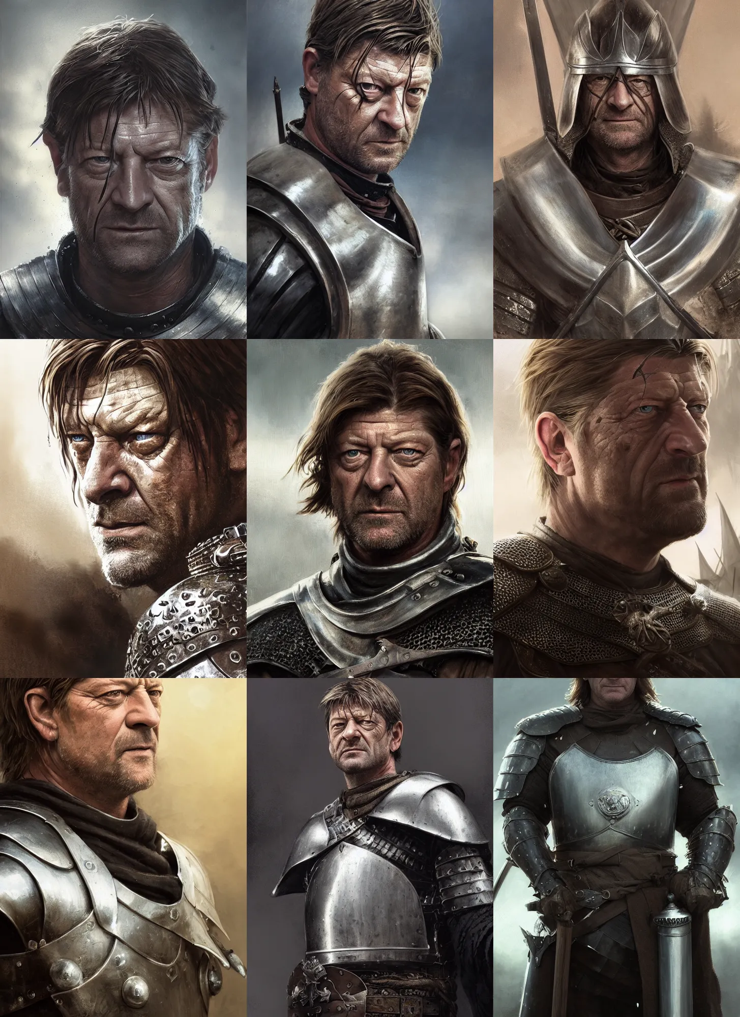 Prompt: medium close up of sean bean as male medieval warrior with silver cuirass, short dark hair, dirty face, realistic cinematic lighting, fantasy, photorealistic, reflections, greg rutkowski, wlop, raymond swanland, yuumei, artgerm, tom bagshaw, wadim kashin, andrei markin, pixiv, artstation