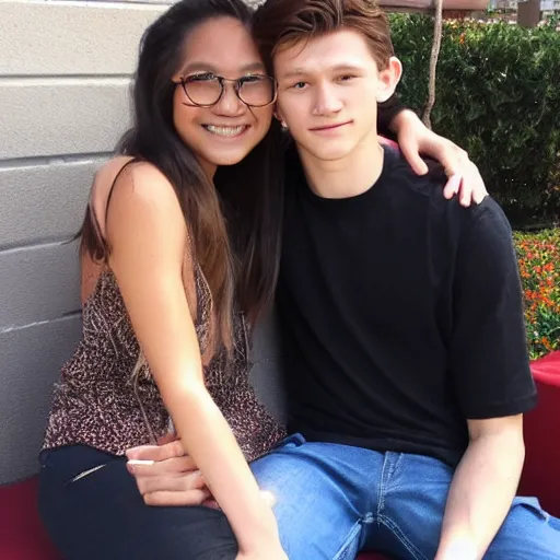 Prompt: Tom Holland with his arm around a Filipina college girl at Chapman University