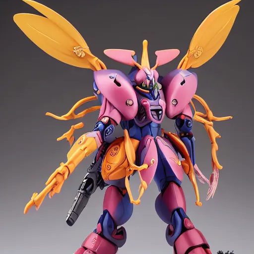 Image similar to futuristic nymphaea gouf waterlily upper body, sepals forming helmet, floral details, nymphaea, 8 k hd resolution, barbatos gundam with floral inlay, bandai box art, star wars, makoto kobayashi, frank gehry, raymond swanland