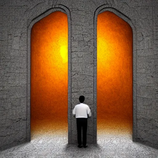 Prompt: man standing in a completely dark room in front of huge stone door slightly open and light is shining through, digital art