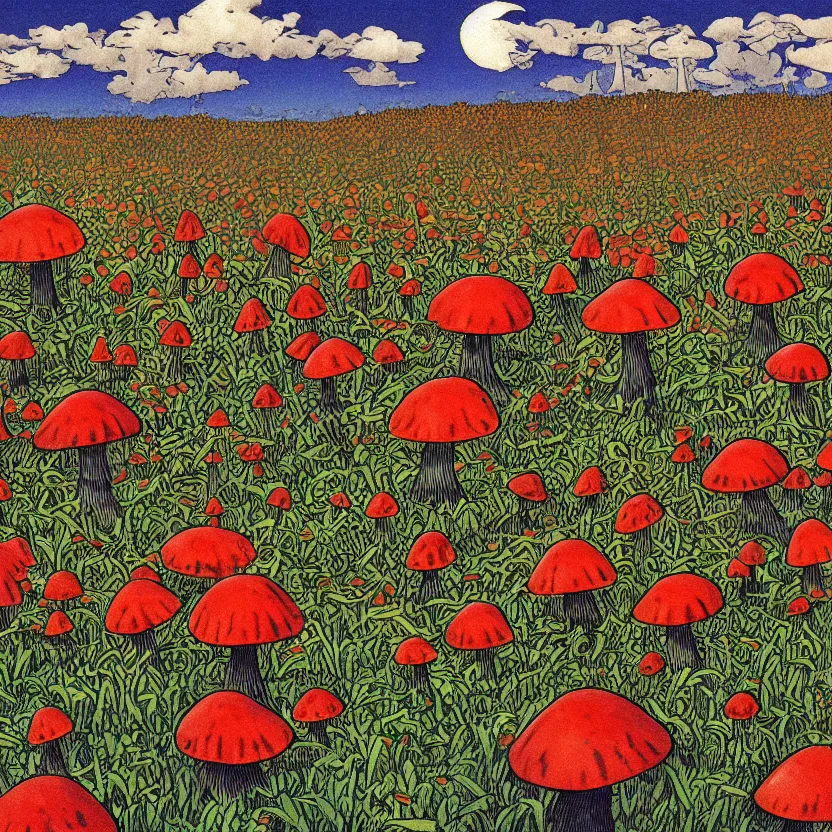 Prompt: a mushroom field with eyes, illustrated for a science fiction novel. by don ivan punchatz