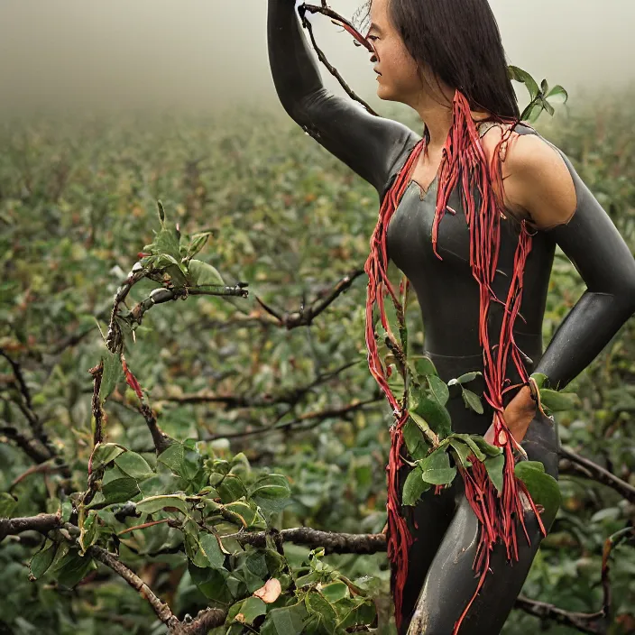 Prompt: a closeup portrait of a woman wearing a wetsuit made of rusted nails and ribbons, picking plums from a tree in an orchard, foggy, moody, photograph, by vincent desiderio, canon eos c 3 0 0, ƒ 1. 8, 3 5 mm, 8 k, medium - format print