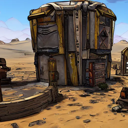 Image similar to An ivory tower sparkling in a desert oasis surrounded by a small city of ramshackle huts in the style of borderlands by gearbox sodtware, cel-shaded