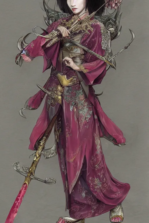 Prompt: full - bodied portrait, female changeling wearing rose - patterned eastern light armor, wielding a halberd with intricate decorations, sandals, barefoot, geisha mask, realistic proportions, reasonable fantasy, ghostblade, wlop.