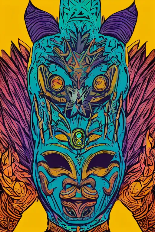 Image similar to animal mask totem roots flower tribal feather gemstone plant wood rock shaman vodoo video game vector cutout illustration vivid multicolor borderlands comics by josan gonzales and dan mumford radiating a glowing aura