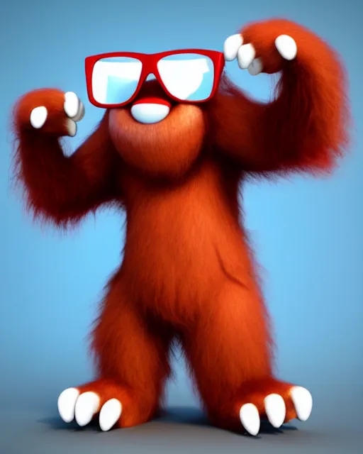 Image similar to 3 d render of completely red hairy friendly antropomorphic cartoony creature wearing white ray - ban shades, full body, simple, smiling with no nose, cute, white background, unreal engine 5 hdr