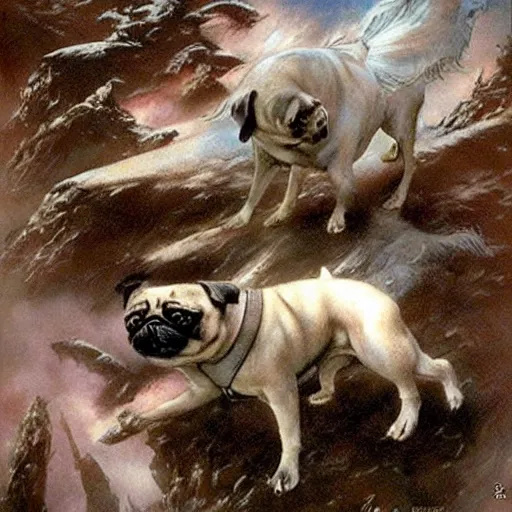 Image similar to a magical land of flying pug dogs, luis royo, frazetta, whealan,