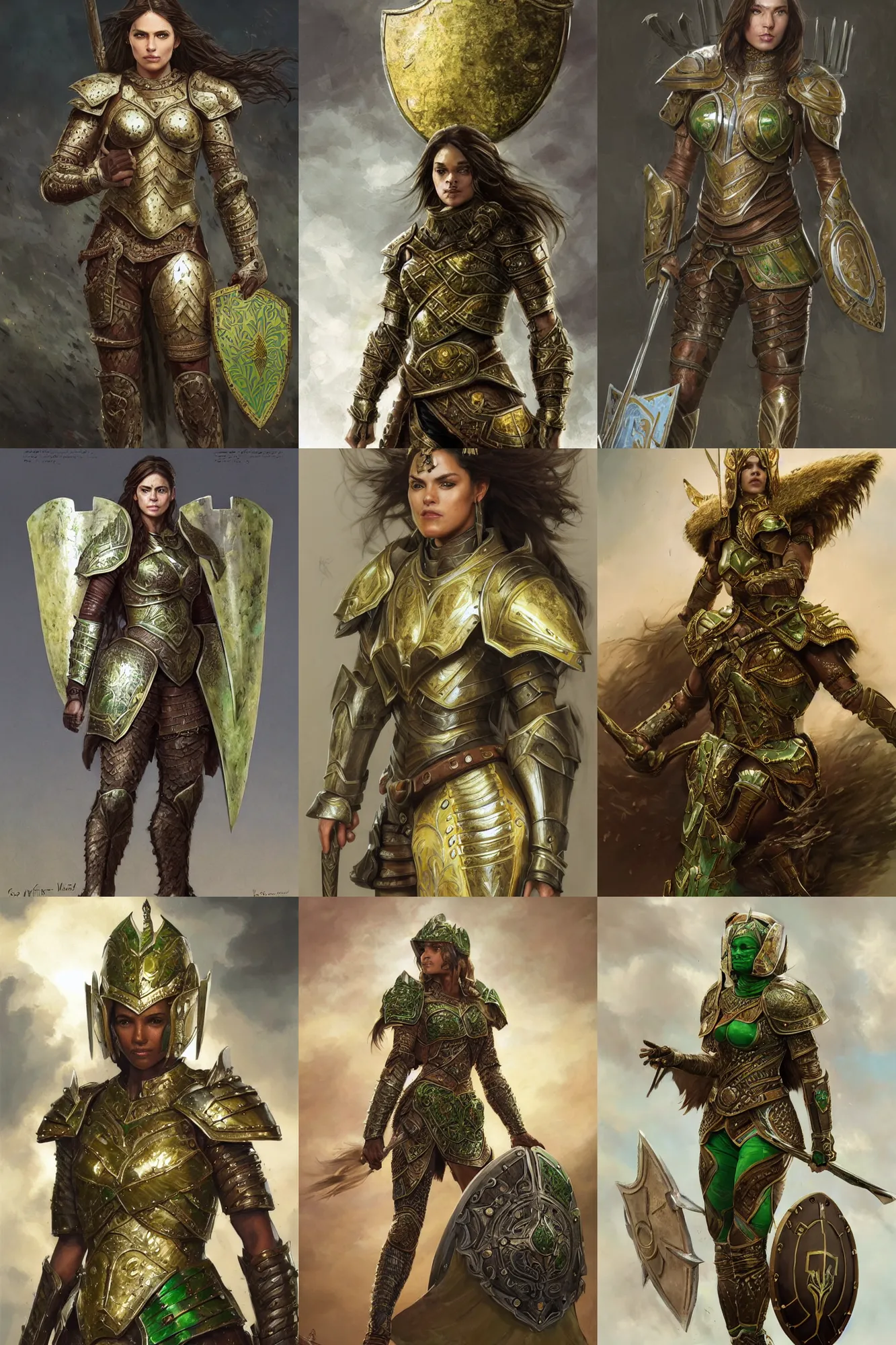 Prompt: full body portrait of a rugged female warrior brown skin medium length brown hair and a very highly detailed face wearing elegant white, green and gold plate mail armor intricately painted, holding a huge shield, very highly detailed, artstation, realistic character concept artgerm, sharp focus, by greg rutkowski, and magali villeneuve