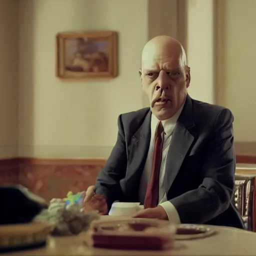 Image similar to Film still of homer simpson, the hotel budapest (2014)