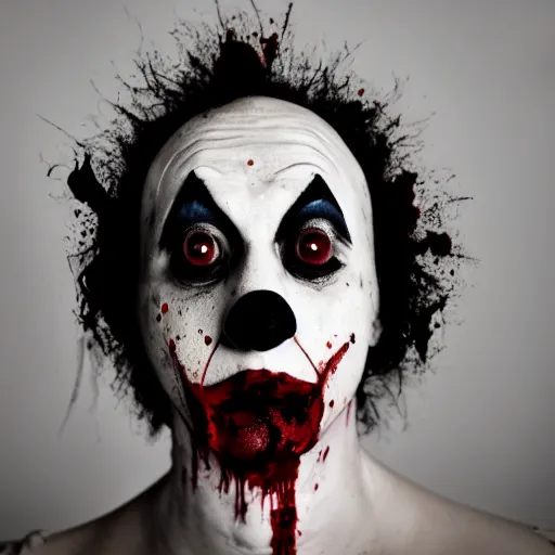 Image similar to full body head to toe shot of an expressionless clown with blood splattered on him, muted tones, slightly out of focus, found footage, dutch angle