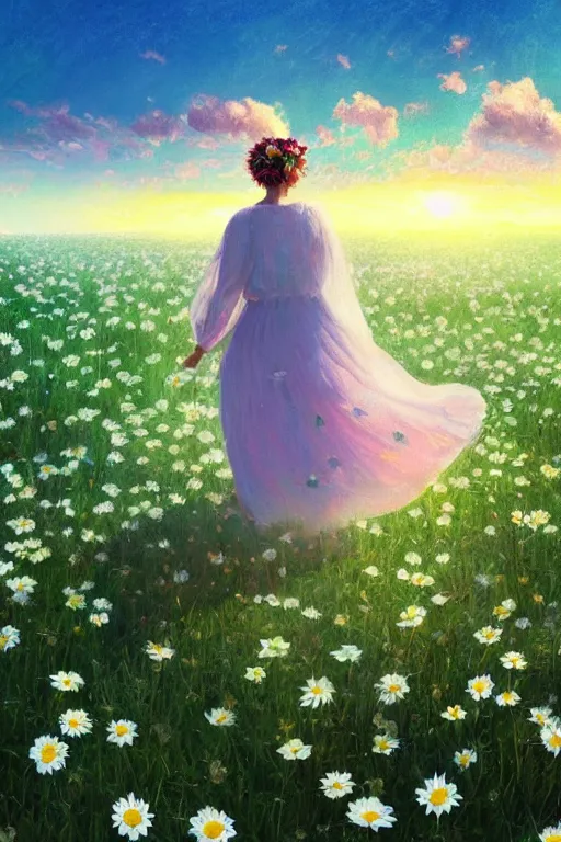 Prompt: white daisy flowers as head veil, girl walking in a flower field, surreal photography, sunrise, dramatic light, impressionist painting, colorful clouds, digital painting, artstation, simon stalenhag