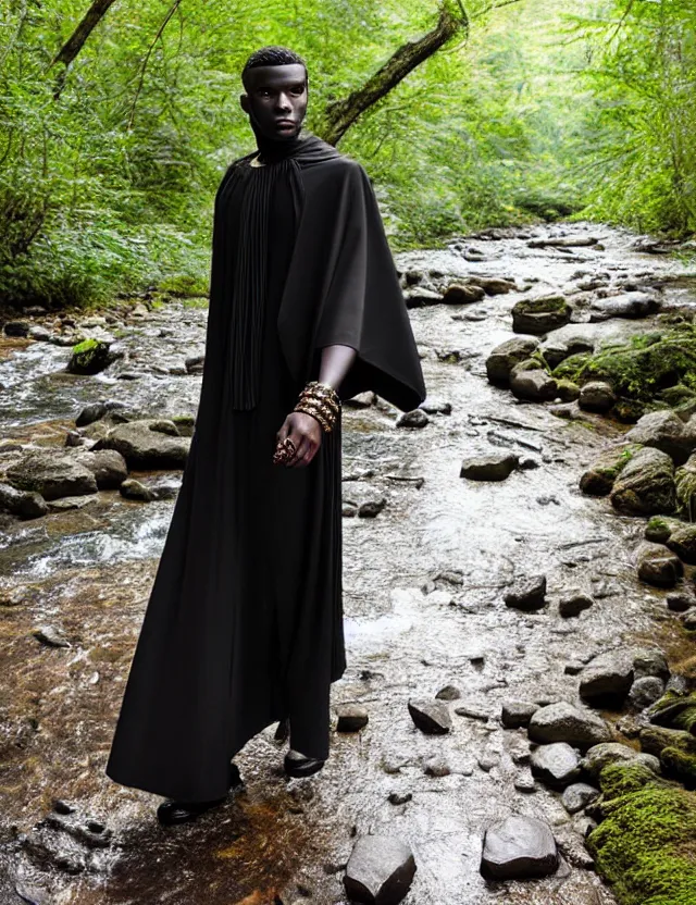 Image similar to longshot modern intricate textile ancient roman toga cloak nature black skin man walking along small creek river in the woods marc jacobs gucci pearl beads eggshell