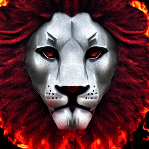 Image similar to anonymous lion face, closeup of face, volumetric lighting, face encircled by fire, crimson - black color scheme