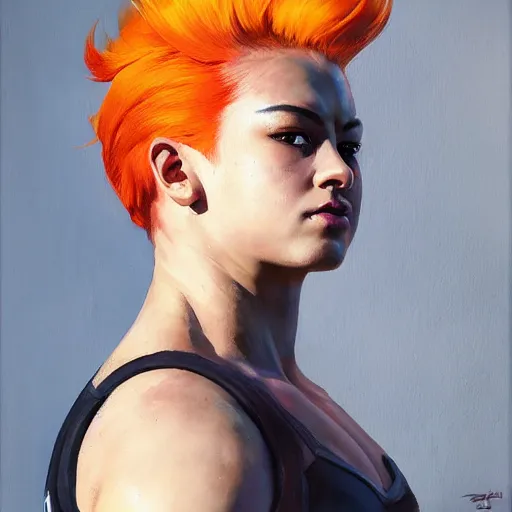 Prompt: greg manchess portrait of weightlifter zarya from overwatch, medium shot, asymmetrical, profile picture, organic painting, sunny day, matte painting, bold shapes, hard edges, street art, trending on artstation, by huang guangjian and gil elvgren and sachin teng