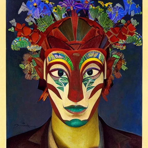 Image similar to head of a beautiful boy wearing a carnival mask made of stylized flowers, by diego rivera and john watkiss and annie swynnerton, art deco shaman, art brut, symbolist, dramatic cinematic lighting, god rays, iridescent beetles, clean crisp graphics, smooth sharp focus, extremely detailed