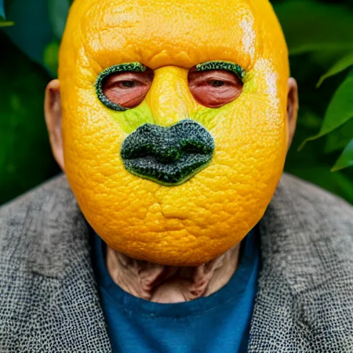 Prompt: an elderly man wearing a mask made from citrus, bold natural colors, national geographic photography, masterpiece, lemon, orange, lime, 8 k, raw, unedited, symmetrical balance
