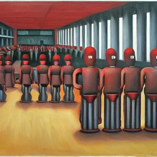 Image similar to robots queue up for destruction in an abattoir, grant wood, pj crook, edward hopper, oil on canvas