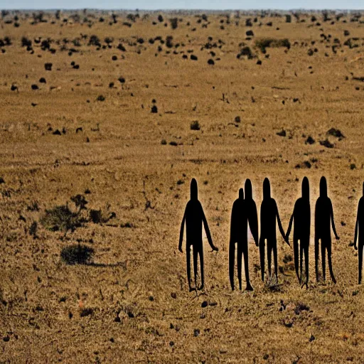Prompt: tall thin dark aliens disembarking ufo in african savannah, fear, uncertainty, doubt, grainy photo, specular highlights, telephoto lens, photography