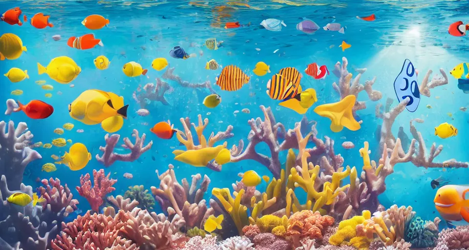 Image similar to IKEA catalogue photo of an underwater childrens bedroom, coral reef, fish, sharks, clown fish, angel fish, dappled light, sun rays