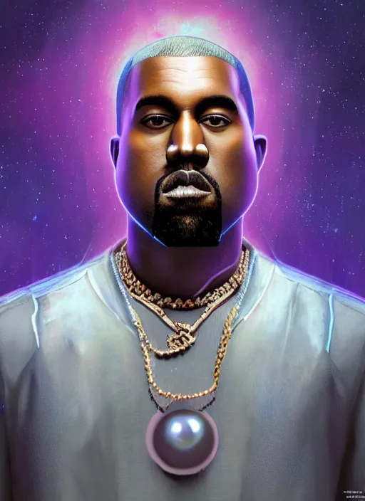 Prompt: ( hyper realistic proportional stylization portrait of kanye west as a techpunkk war of cleric in a futuristic pearl armor full of astral runes, the background is decorated with the universe ) by noah bradley, photorealistic, dynamic lighting, very detailed faces, trending on artstation, wallpaper, dream, 4 k, award winning, lovely pastel colors, ethereal, elegant