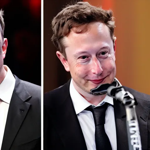 Image similar to elon musk and mark zuckerberg, one on each side, fighting over an iphone