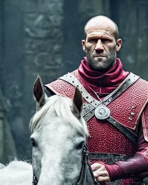 Prompt: jason statham cast as dijkstra in the witcher netflix series wearing soft red fabric aristocratic clothing, large outfit, royal attire, sitting at dining table,