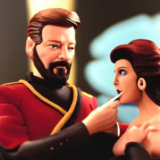 Prompt: commander riker eating a cake made of deanna troi