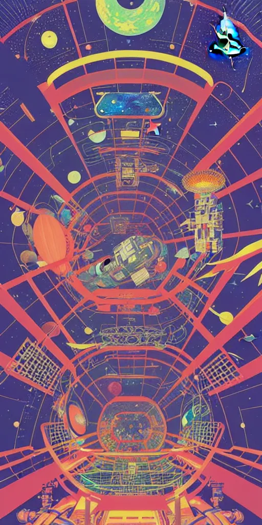 Image similar to the interior of an international space station filled with electronic equipment, ancient futuristic japanese temple, poster art by victo ngai, ori toor, kilian eng behance contest winner, crystal cubism, poster art, cubism, tarot card, psychedelic art, concert poster, poster art, maximalist