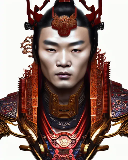 Image similar to portrait of a chinese masculine male cyberpunk machine, machine face, upper half portrait, decorated with chinese opera motifs, muscular, asian, fine china, wuxia, traditional chinese art intricate intense elegant 京 剧 highly detailed symmetry headpiece digital painting artstation concept art smooth sharp focus illustration, art by artgerm and greg rutkowski alphonse mucha 8 k