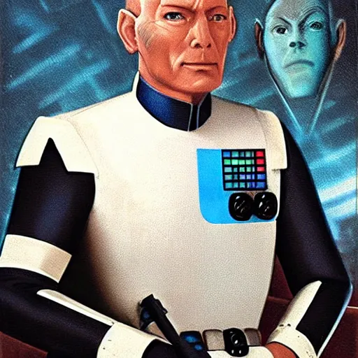 Prompt: A portrait of Grand Admiral Thrawn, pictured on the command deck of his flagship Imperial I-class Star Destroyer Chimaera