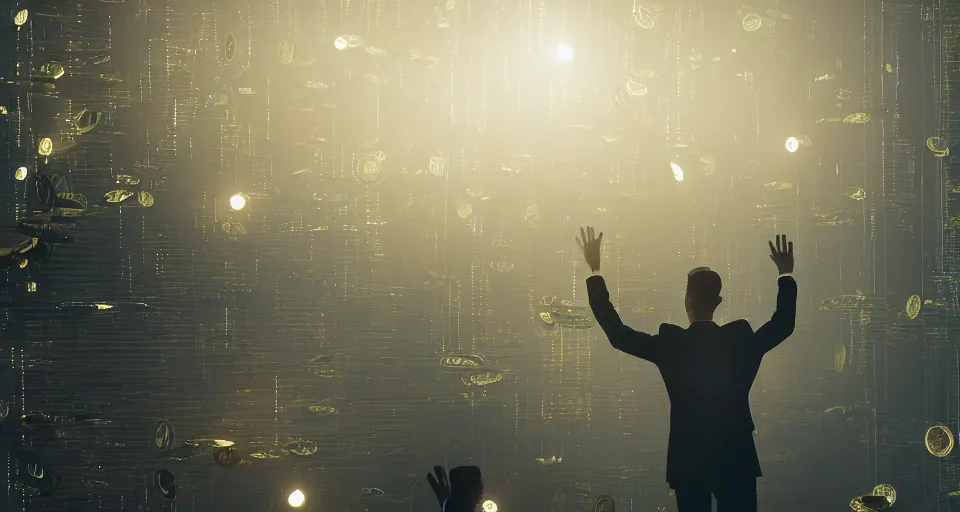 Image similar to Dramatic photo of a CEO waving goodbye in front of a group of silhouettes of his coworkers in a futuristic office. Golden coins are levitating all around them. 8k, high detail, trending on Artstation, volumetric lighting, cyberpunk