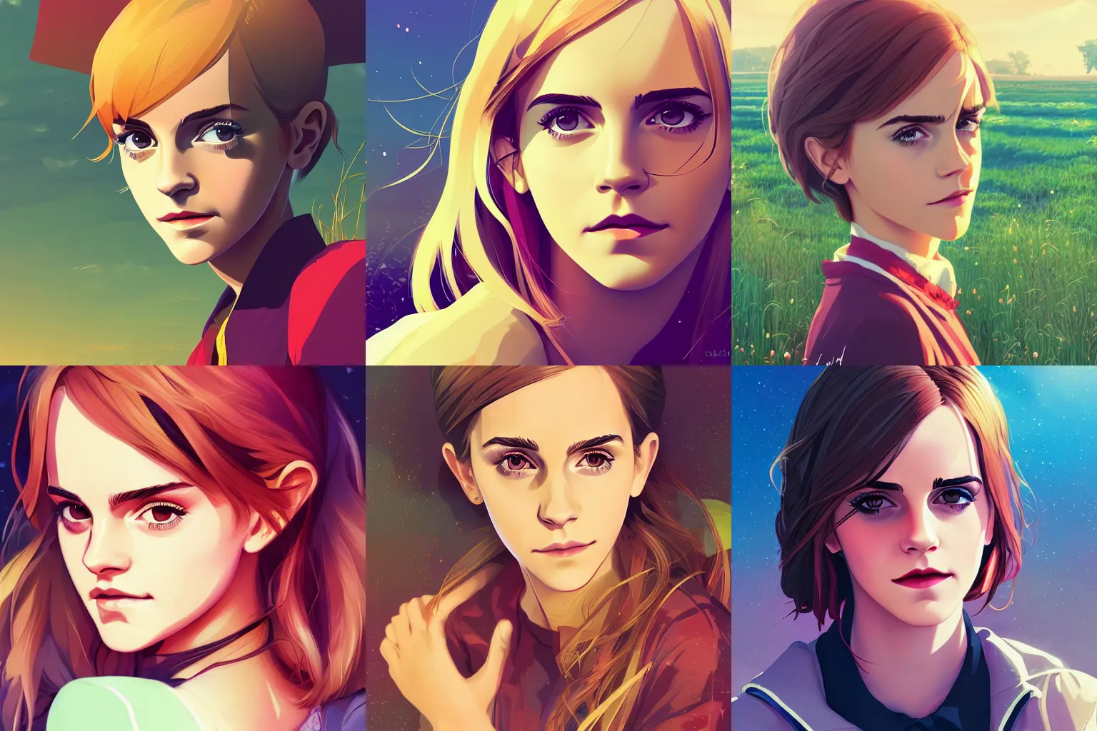 Prompt: portrait of Emma Watson, farm field background, rich vivid colors, ambient lighting, dynamic lighting, 4k, HQ, official media, anime key visual, makoto shinkai, ilya kuvshinov, lois van baarle, rossdraws, detailed, trending on artstation