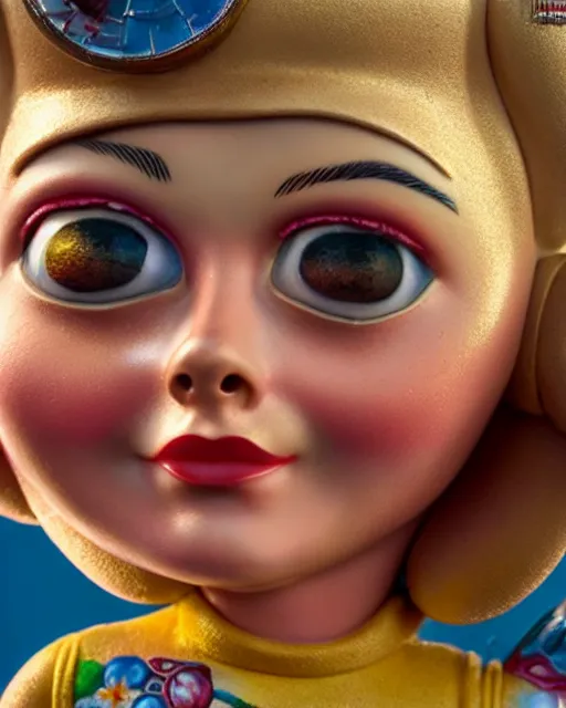 Prompt: highly detailed closeup, face profile portrait of a tin toy retro 1 9 5 0 s cara delevingne, bikini, unreal engine, nicoletta ceccoli, mark ryden, earl norem, lostfish, global illumination, detailed and intricate environment