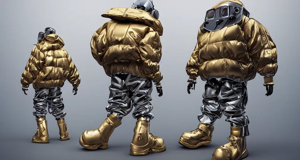 Prompt: 3 d sculpture of hip hop robots wearing big oversized puffy jackets, gold chains and sneakers, digital art, highly detailed, digital painting, artstation, concept art, smooth, sharp focus, illustration, artbook, splash art, promo art, h 9 6 0