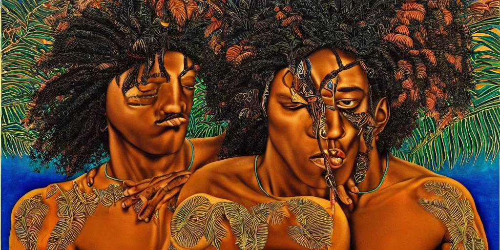 Prompt: a beautiful tropical landscape, portrait of a dark - skinned greek god. 2 4 mm, photorealistic, abstract, directed by mati klarwein