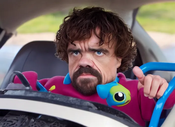 Image similar to peter dinklage driving a little tikes cozy coupe, movie still, from the new fast and furious movie, 8 k, realistic