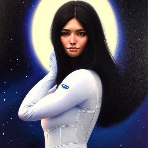 Image similar to a portrait of a very beautiful woman in a spacesuit, Alexandria\'s genesis, shoulder-length black hair, bored, illustration, soft lighting, soft details, painting oil on canvas by mark arian by artgerm, trending on artstation, 4k, 8k, HD