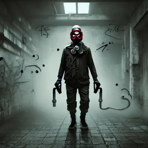 Image similar to hooden villain wearing a gas mask with red goggles, smoke coming out of his body and coat, dark background, wall with graffiti, unreal engine 5, ultra realistic, detailed, fog, by greg rutkowski,