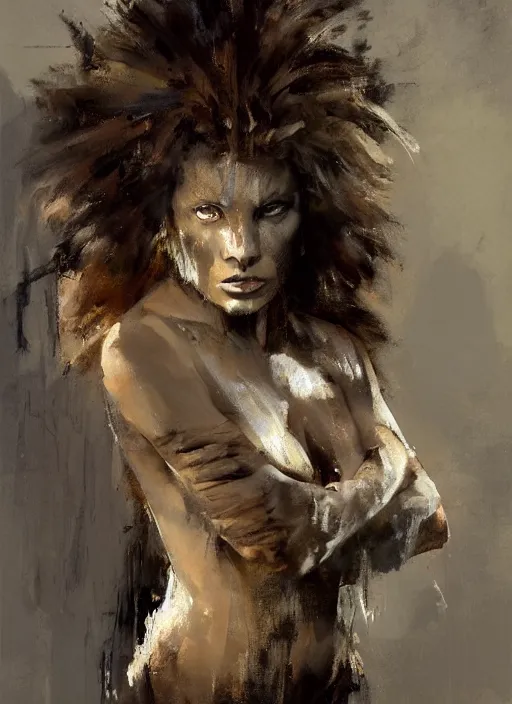 Image similar to painting of a beautiful woman with the face of a lion, loosely robed in animal skins, with a strong pose, by Jeremy Mann, stylized, detailed, loose brush strokes, warm tones, vivid colors, realistic