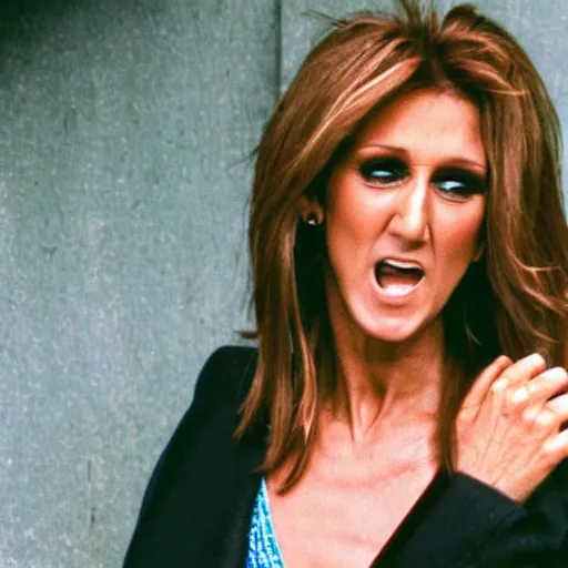 Image similar to celine dion crying, outside in dumpster lot