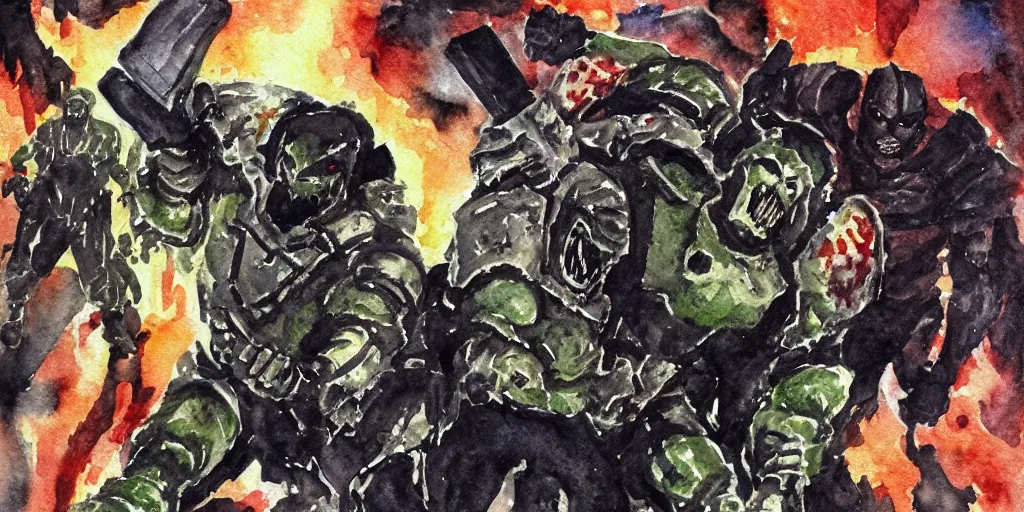 Image similar to doomguy fight in hell watercolor art dark shadows pergament paper