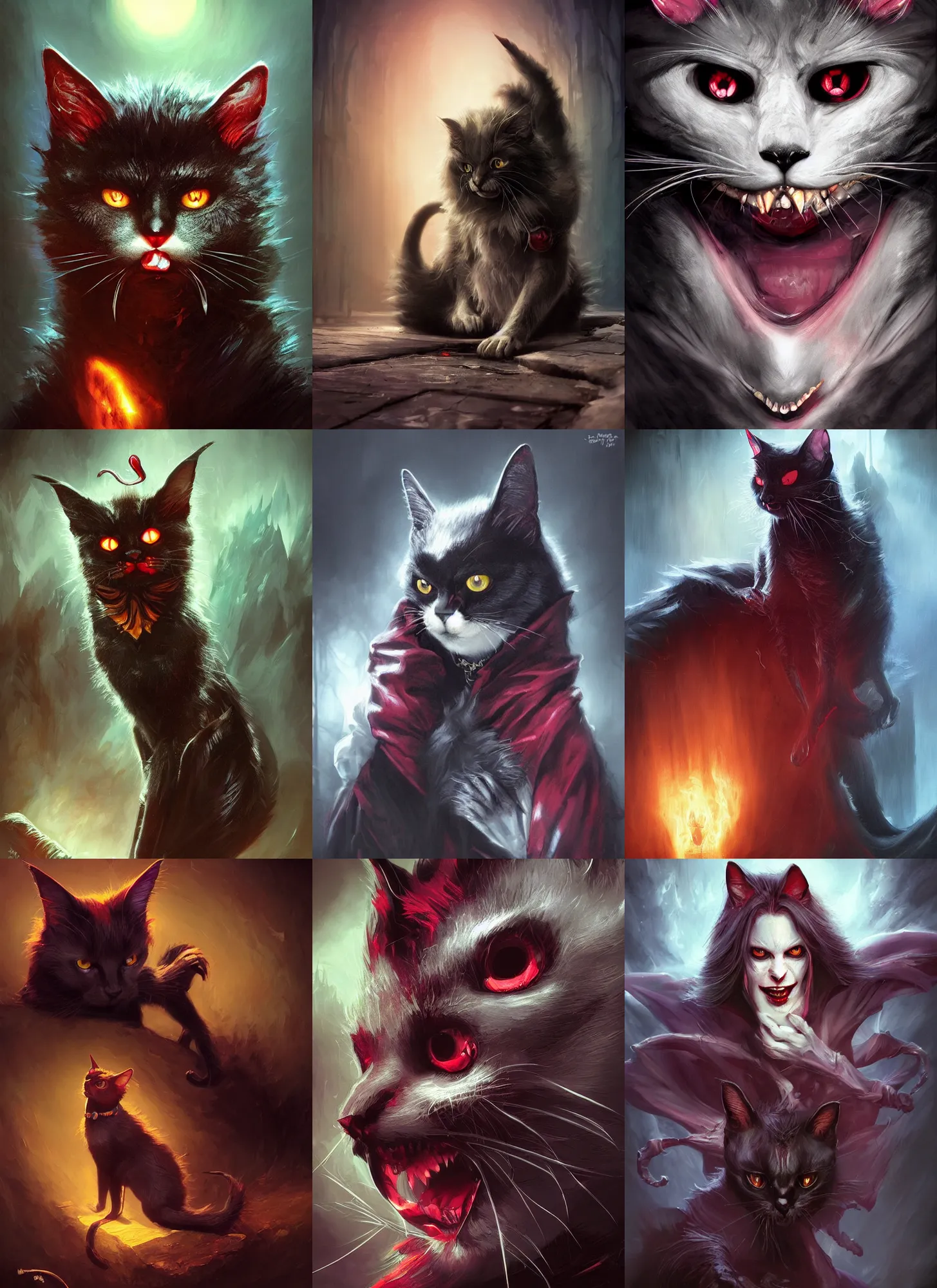 Prompt: vampire cat, vivid colors, dark shadows, contrast, concept art, sharp focus, digital art, Hyper-realistic, 4K, Unreal Engine, Highly Detailed, Dramatic Lighting, Beautiful, by Brom, bastien lecouffe-deharme