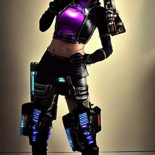 Prompt: full shot photo of a female cyberpunk musketeer