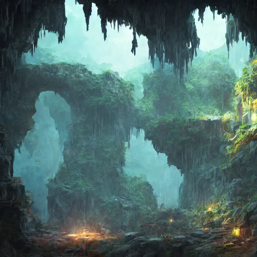 Image similar to interior of a cave with ancient ruins and plants with lights, retrowave epic art, trending on artstation, cgsociety