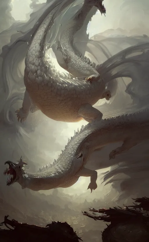 Image similar to a dynamic painting of a gigantic obese white dragon, a fat tank monster, baroque, concept art, deep focus, fantasy, intricate, highly detailed, digital painting, artstation, matte, sharp focus, illustration, art by greg rutkowski and alphonse mucha